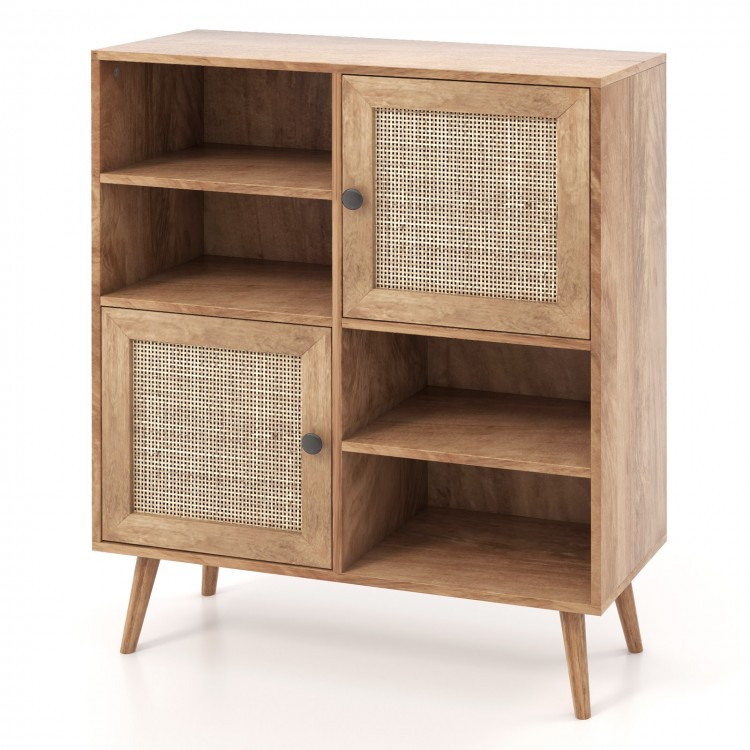 Natural rattan buffet cabinet featuring 2 doors, 2 open cubbies, and solid wood construction for versatile storage.