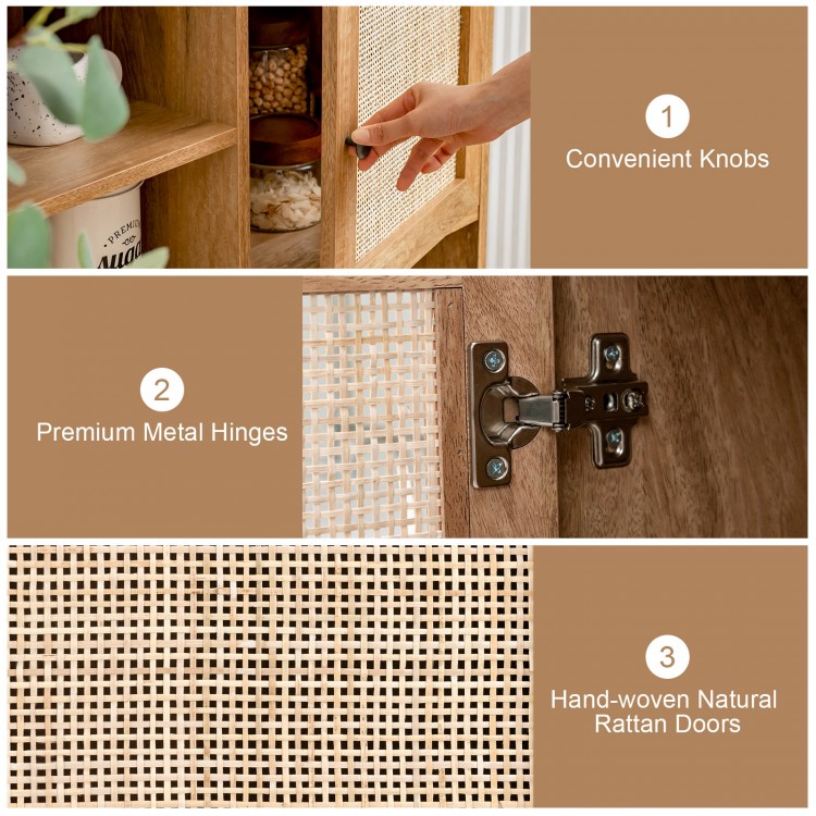 Rattan buffet cabinet featuring hand-woven natural rattan doors, convenient knobs, and premium metal hinges for easy.