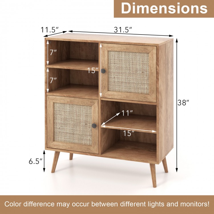 Rattan buffet cabinet with 2 doors and 2 cubbies, featuring natural wood finish and ventilation for stylish storage.
