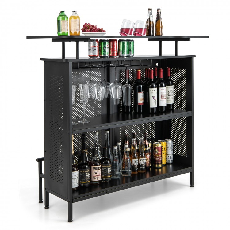 Black 4-tier liquor bar table showcasing open shelves, 6 glass holders, and a sturdy metal frame for stylish drink.