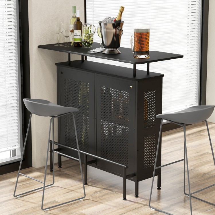 4-tier black liquor bar table with metal footrest, 6 glass holders, and open shelves for convenient drink storage.
