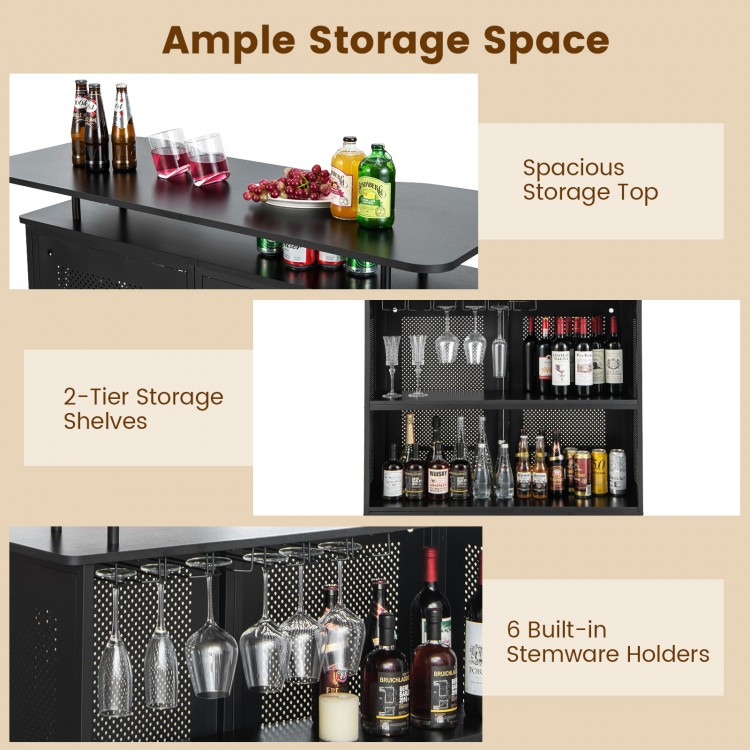 4-tier black liquor bar table featuring 6 glass holders, spacious countertop, and metal footrest for convenient use.