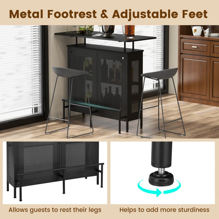 4-tier black liquor bar table with metal footrest, 6 glass holders, and adjustable feet for stability in any space.