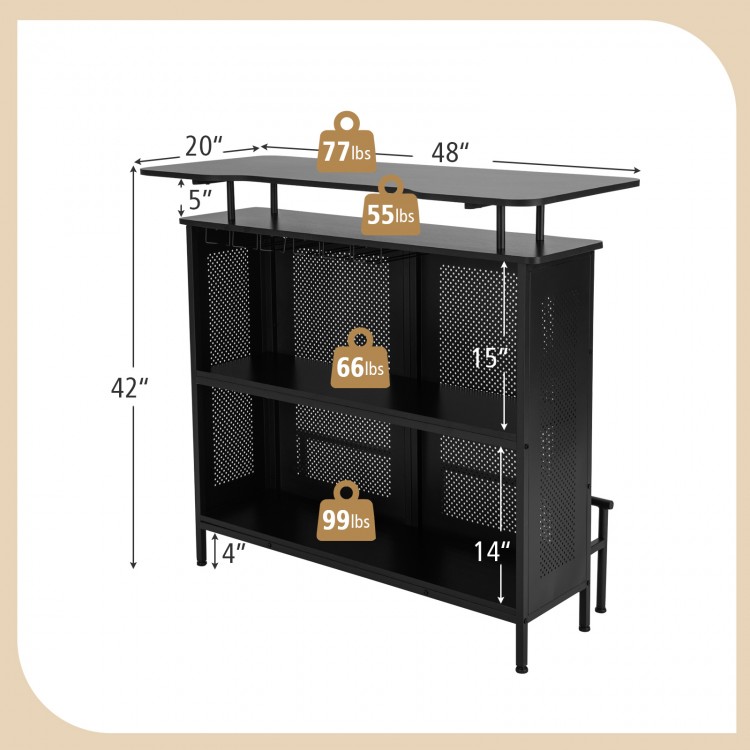 4-tier black liquor bar table dimensions showing 48" countertop, 42" height, and 20" depth, ideal for entertaining.