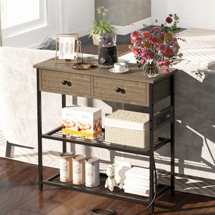 Narrow console table in gray with 2 drawers and 2 metal mesh shelves, perfect for displaying ornaments and organizing.