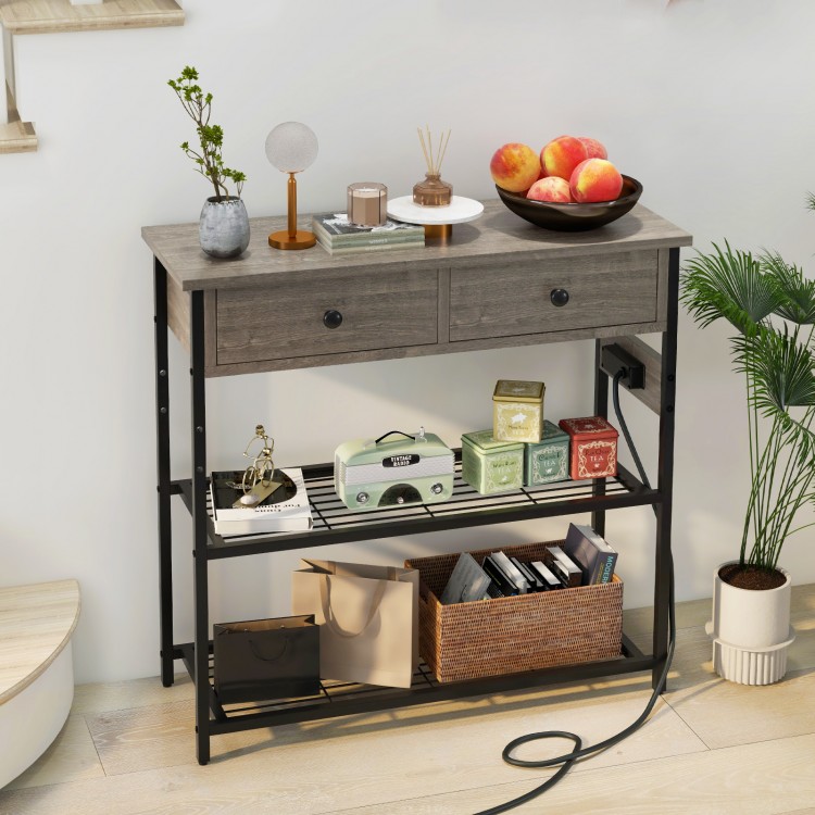 Narrow gray console table with 2 drawers and 2 metal mesh shelves, featuring USB ports and a durable design for.