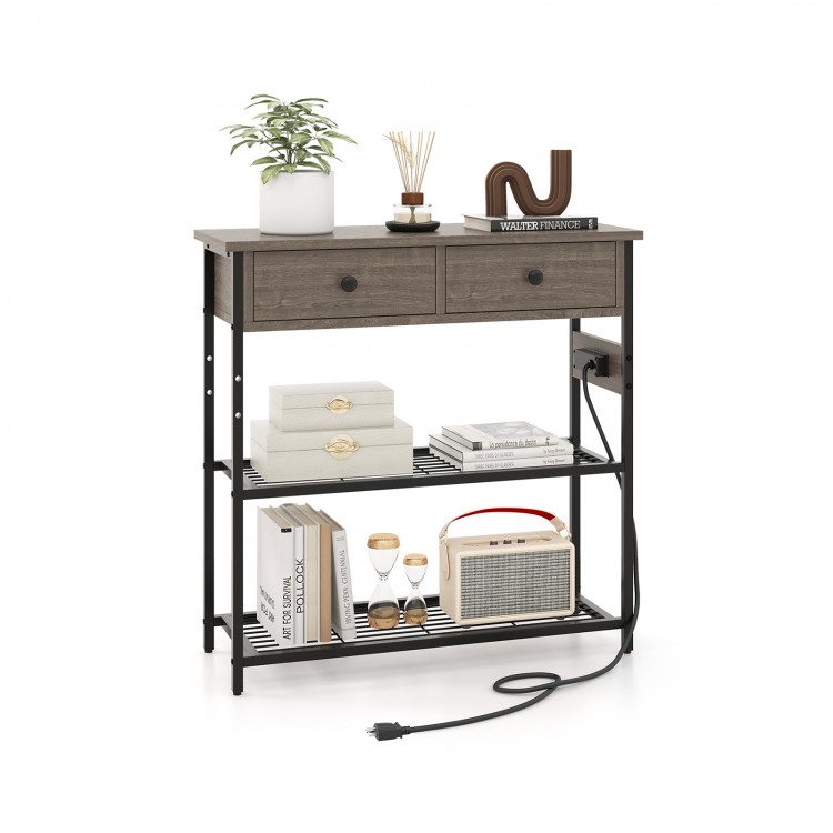 Narrow gray console table with 2 drawers and 2 metal mesh shelves, featuring USB ports and a durable heavy-duty frame.