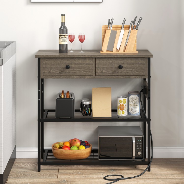 Narrow console table in gray with 2 drawers, 2 metal mesh shelves, and power outlets for versatile storage and display.