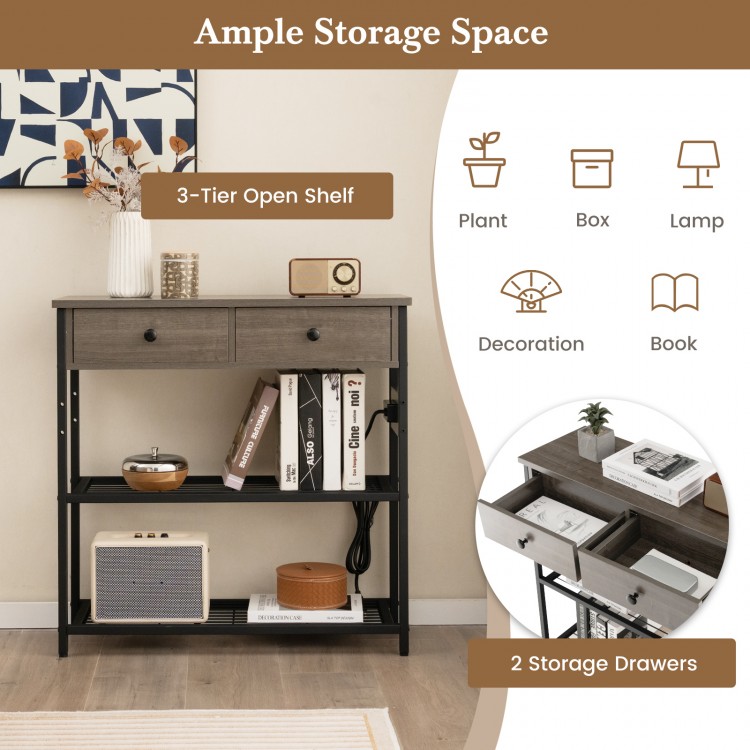 Narrow console table with 2 drawers and 2 metal mesh shelves, featuring a gray finish for stylish storage and display.