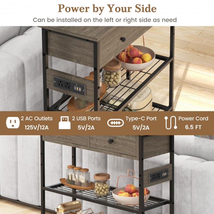 Narrow console table with 2 drawers, 2 shelves, and power strip featuring 2 AC outlets and 2 USB ports for convenience.