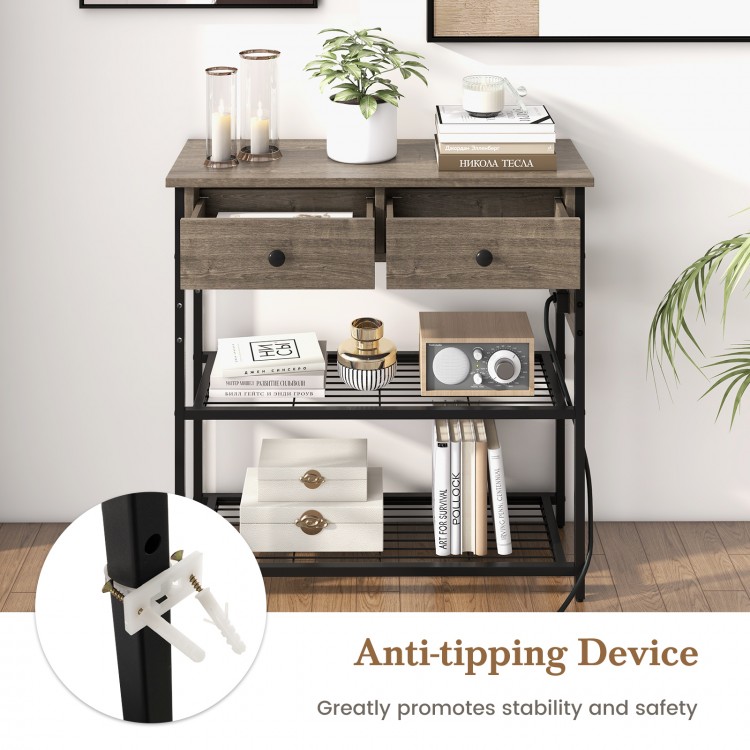 Narrow console table in gray with 2 drawers, 2 metal mesh shelves, and anti-tipping device for added safety.