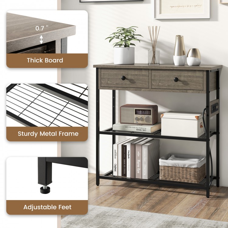 Narrow console table in gray with two drawers, metal mesh shelves, and USB ports for versatile storage and display.