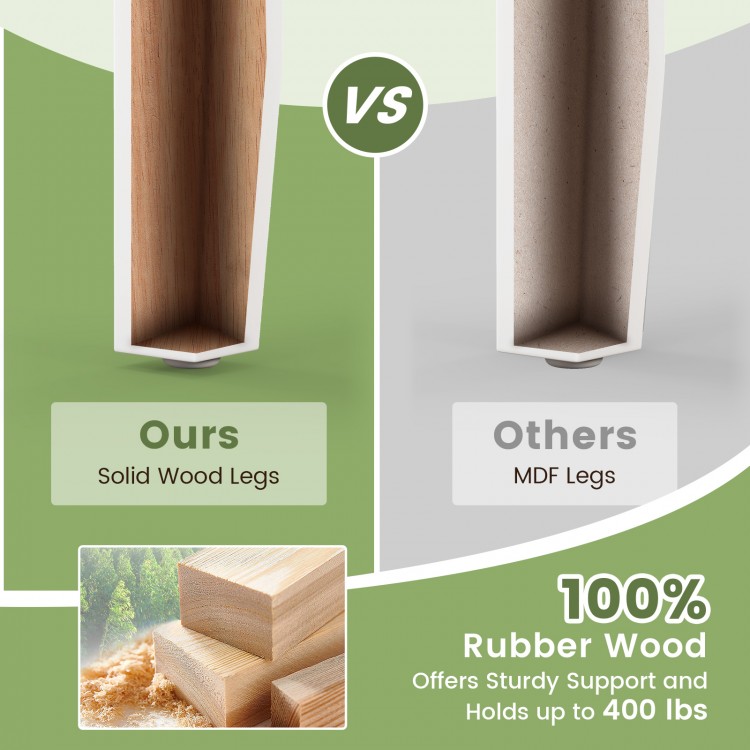 Comparison of solid rubber wood legs versus MDF legs, highlighting sturdiness and support for dining chairs.