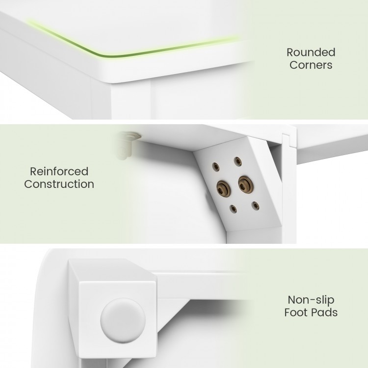 Close-up of reinforced construction and non-slip foot pads of white wood dining chairs with solid rubber wood legs.