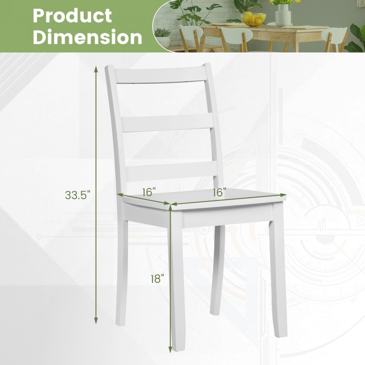 White dining chair with solid rubber wood legs, featuring a ladder back and dimensions of 33.5" height and 18" seat.