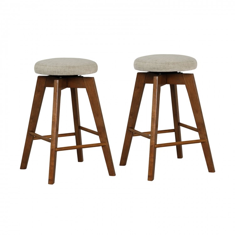 Backless swivel barstools with beige linen fabric seats and rubber wood legs, perfect for counter heights of 35"-39".