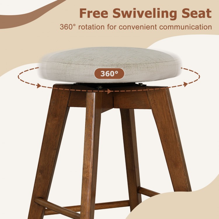 Backless swivel barstool with beige linen fabric seat and rubber wood legs, ideal for counter heights of 35"-39".