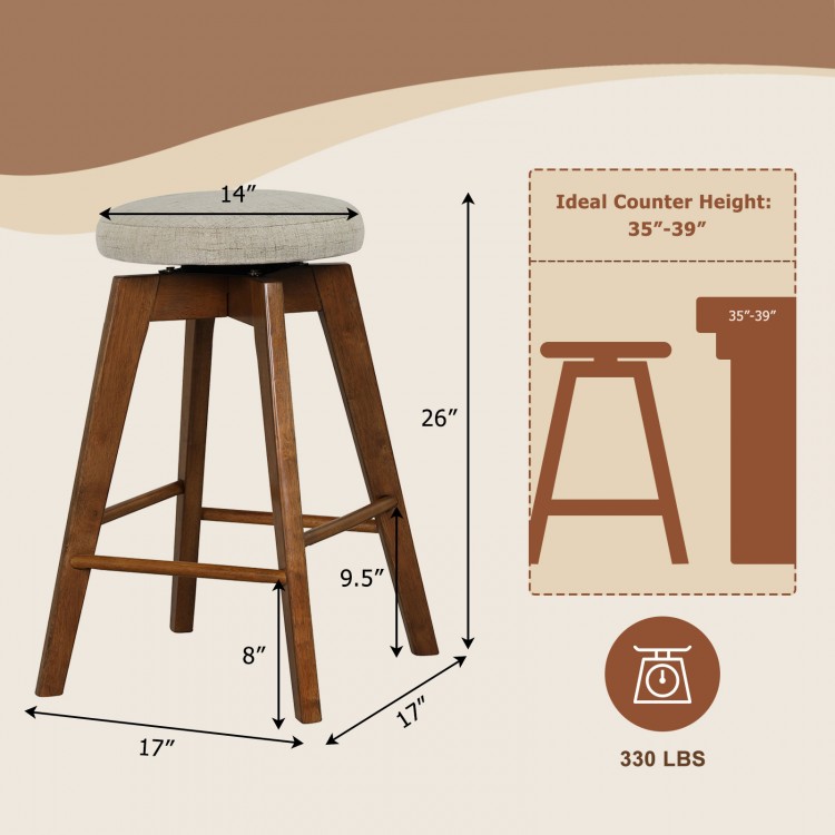 Backless swivel barstool with beige linen fabric seat, rubber wood legs, ideal for counters 35"-39" high.