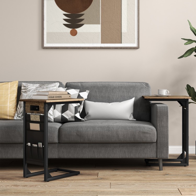 C-shaped end table set of 2 in rustic brown with charging station and side storage for living room convenience.
