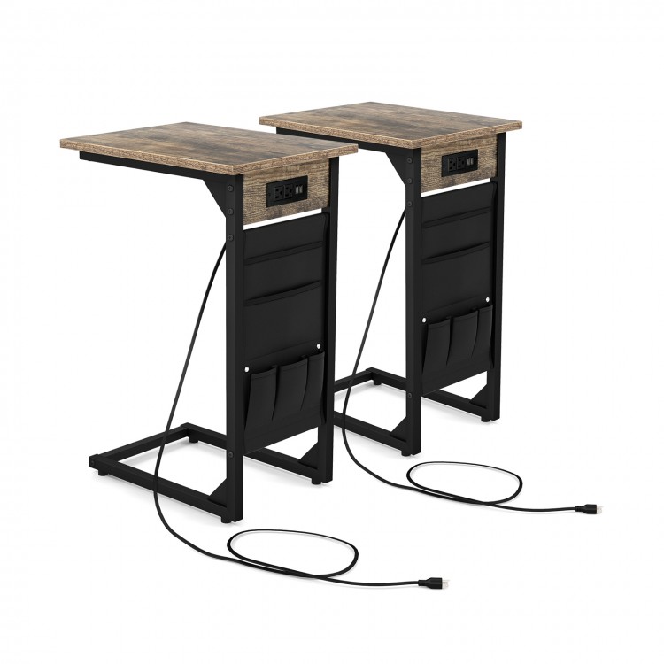C-shaped end table set of 2 in rustic brown with charging station and side storage for easy access in any room.