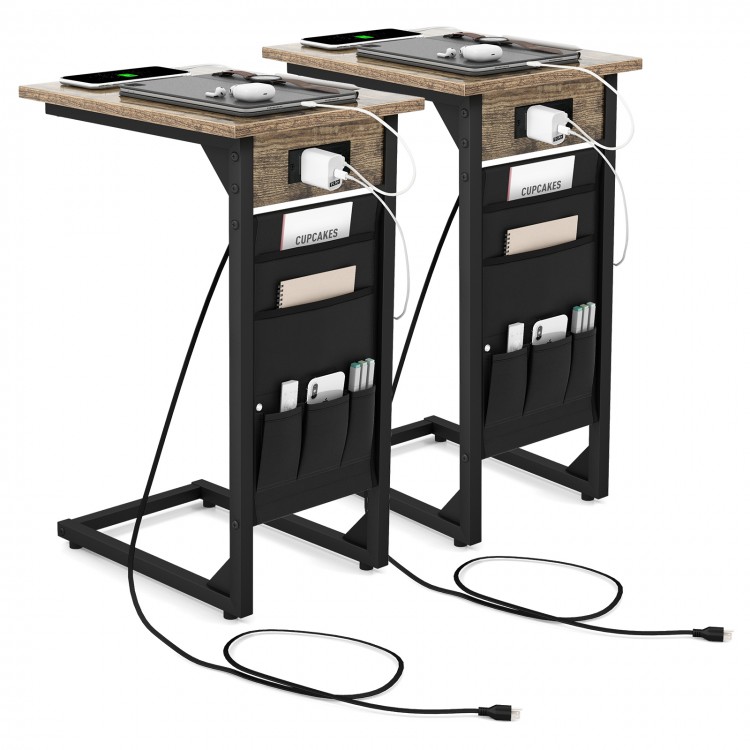 C-shaped end table set of 2 in rustic brown with charging station and side storage for living room or bedroom use.