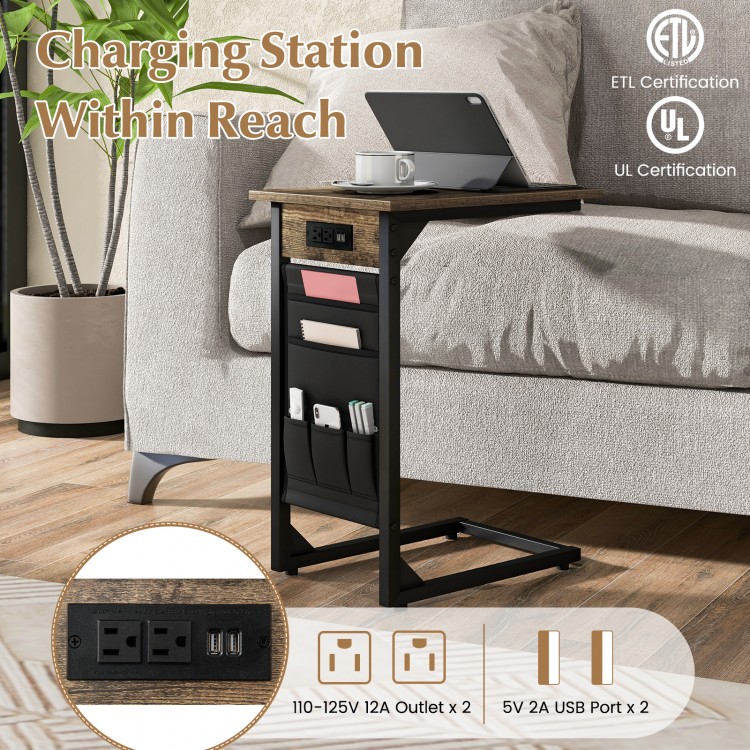 C-shaped end table in rustic brown, featuring a spacious tabletop for laptops and snacks, ideal for small spaces.