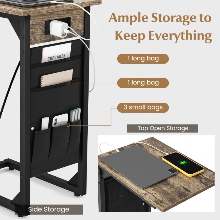 C-shaped end table with rustic brown finish, featuring charging station and side storage bags for convenient.