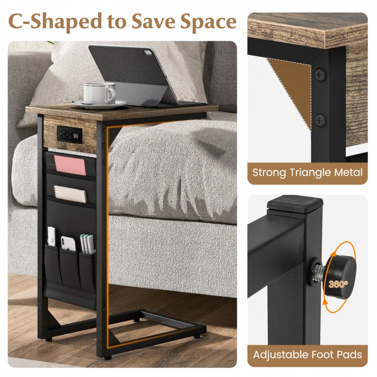C-shaped end table in rustic brown showcasing adjustable foot pads and strong triangle metal for enhanced stability.