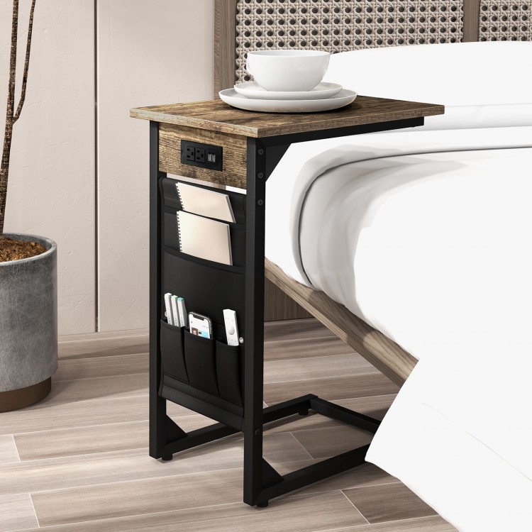 C-shaped end table in rustic brown with charging station and side storage, perfect for bedroom or living room use.