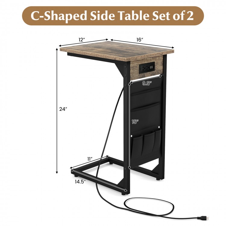 C-shaped end table set of 2 in rustic brown with charging station and side storage for convenient use.