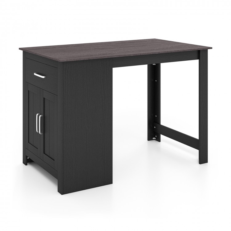 Counter height bar table in black with storage cabinet and drawer, featuring a retro tabletop for elegant flair.