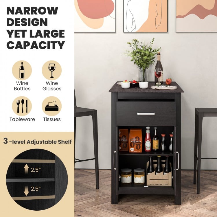 Narrow black counter height bar table with adjustable shelf and drawer, ideal for maximizing storage in small spaces.