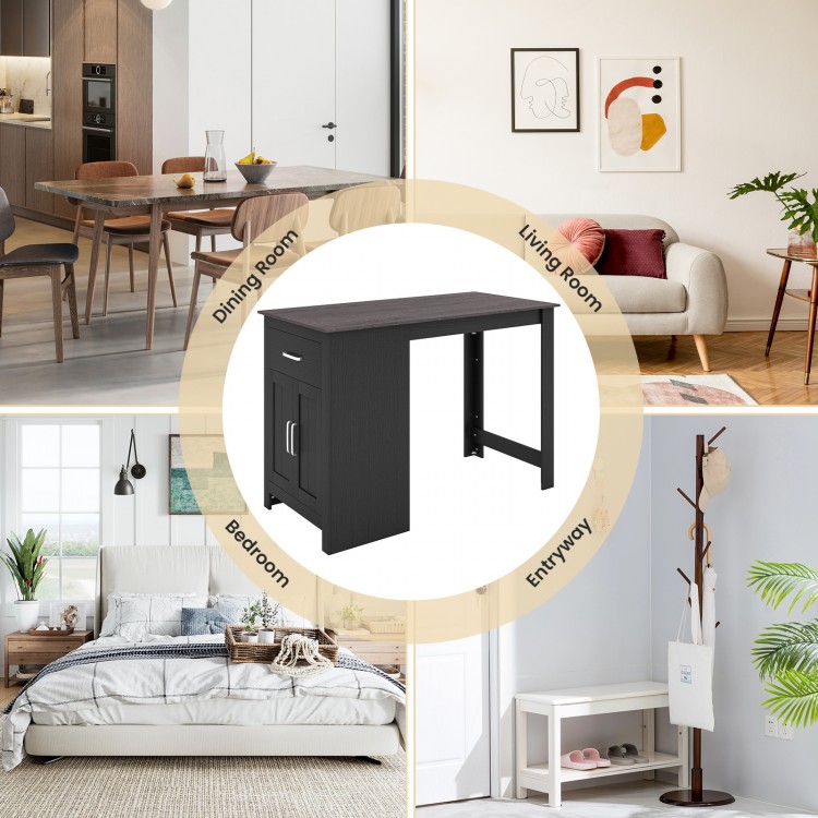 Counter height bar table in black with storage cabinet and drawer, perfect for dining, living, or entryway use.