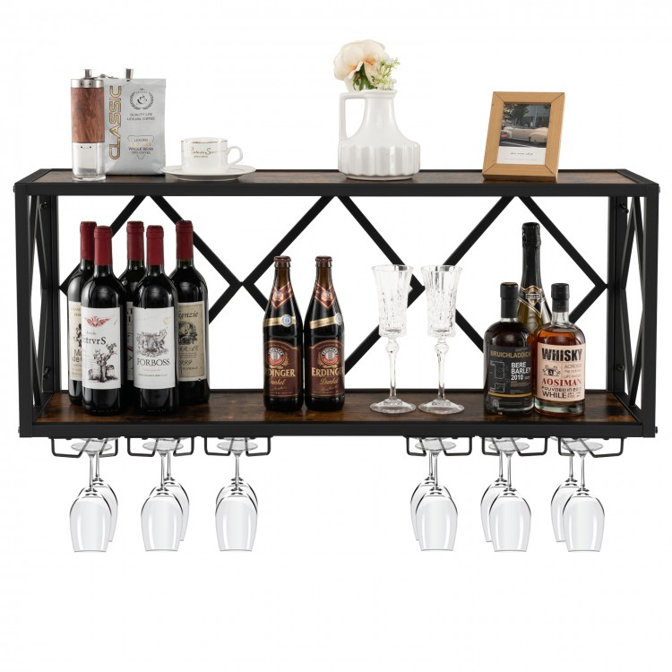 Wall-mounted wine rack displaying 39 bottles and 12 glasses, featuring a durable metal frame and wood grain finish.
