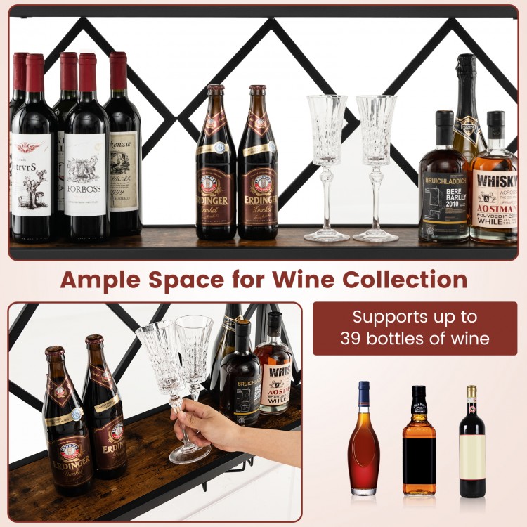 Wall-mounted wine rack displaying 39 bottles and 12 glasses, featuring a durable metal frame and elegant wood grain.
