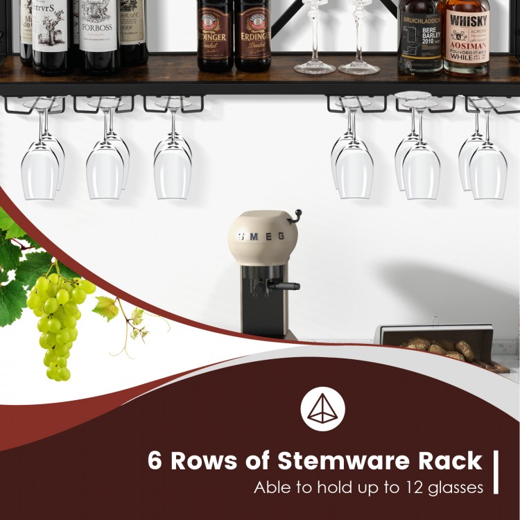 Wall-mounted wine rack with 6 rows for 12 glasses and space for 39 bottles, featuring a stylish wood grain and black.
