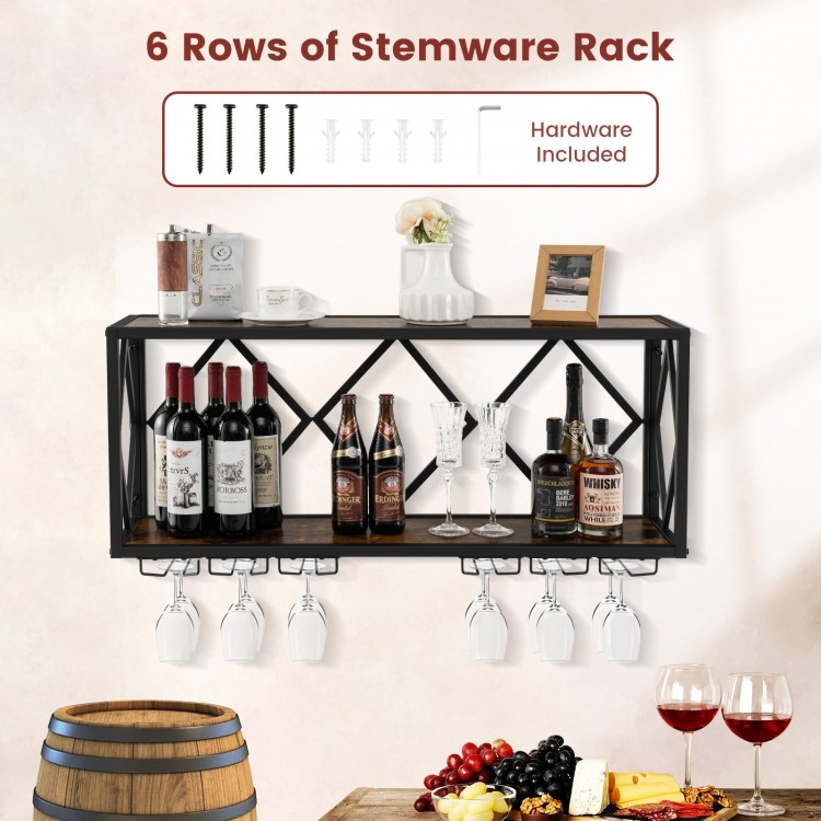 Wall-mounted wine rack with 6 rows for 39 bottles and 12 glasses, featuring a black metal frame and wood grain design.