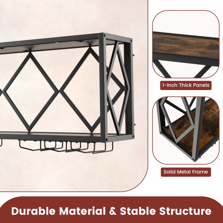 Wall-mounted wine rack for 39 bottles and 12 glasses, featuring a solid metal frame and wood grain shelf for stylish.