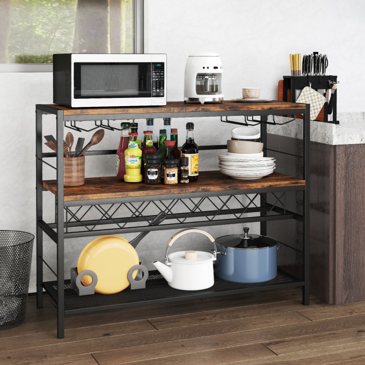 41-inch rustic brown 4-tier bar table with wine rack, featuring 3 shelves and 4 rows of glass holders for versatile.