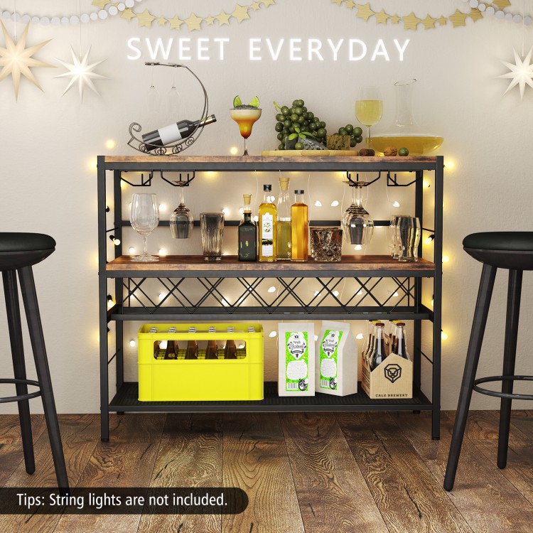 41-inch rustic brown 4-tier bar table with wine rack and glass holders, perfect for kitchens and dining rooms.