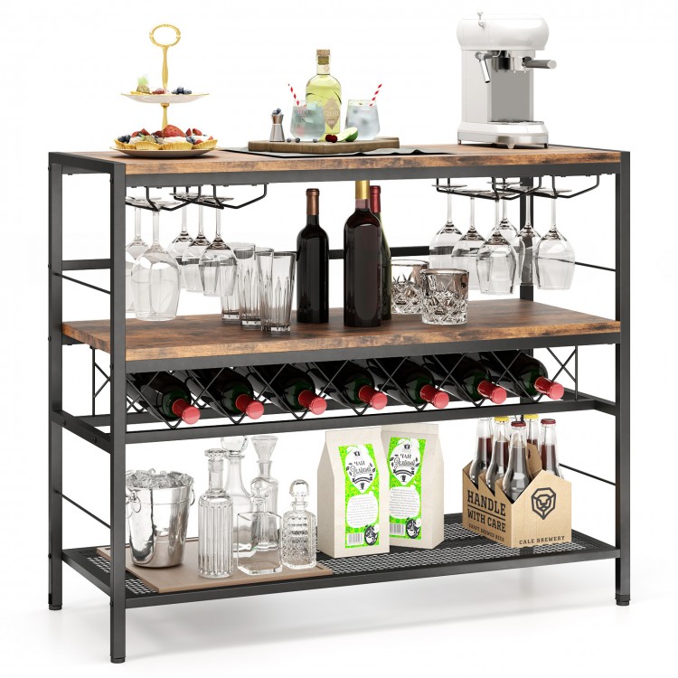 41-inch rustic brown bar table with wine rack, 4 rows for glasses, and 3 storage shelves, ideal for kitchens and dining.