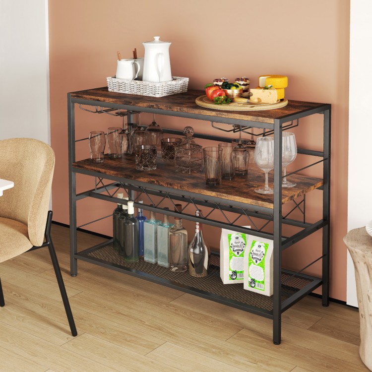 41-inch 4-tier bar table in rustic brown with wine rack, glass holders, and three storage shelves for versatile use.