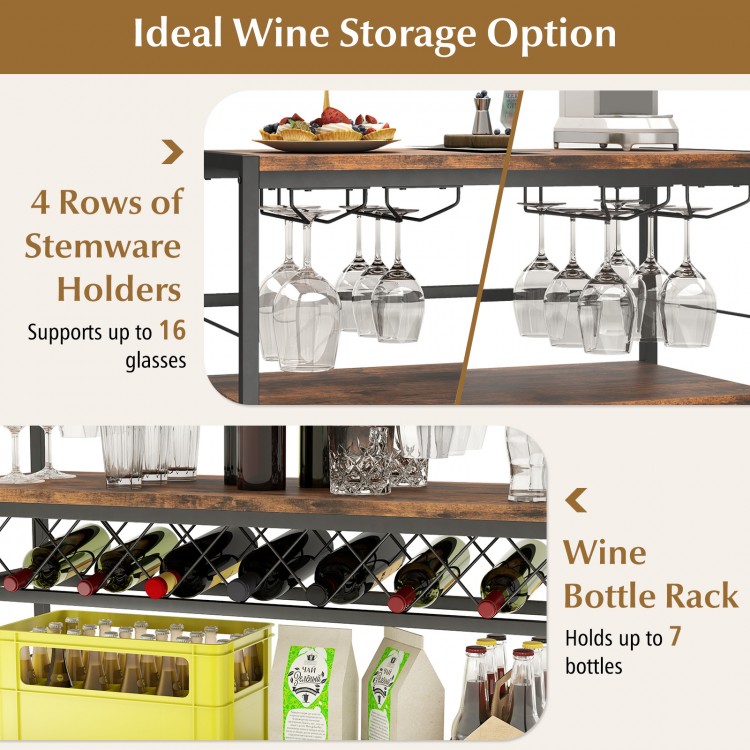 41-inch rustic brown bar table featuring a wine rack for 7 bottles and 4 rows of glass holders for 16 glasses.