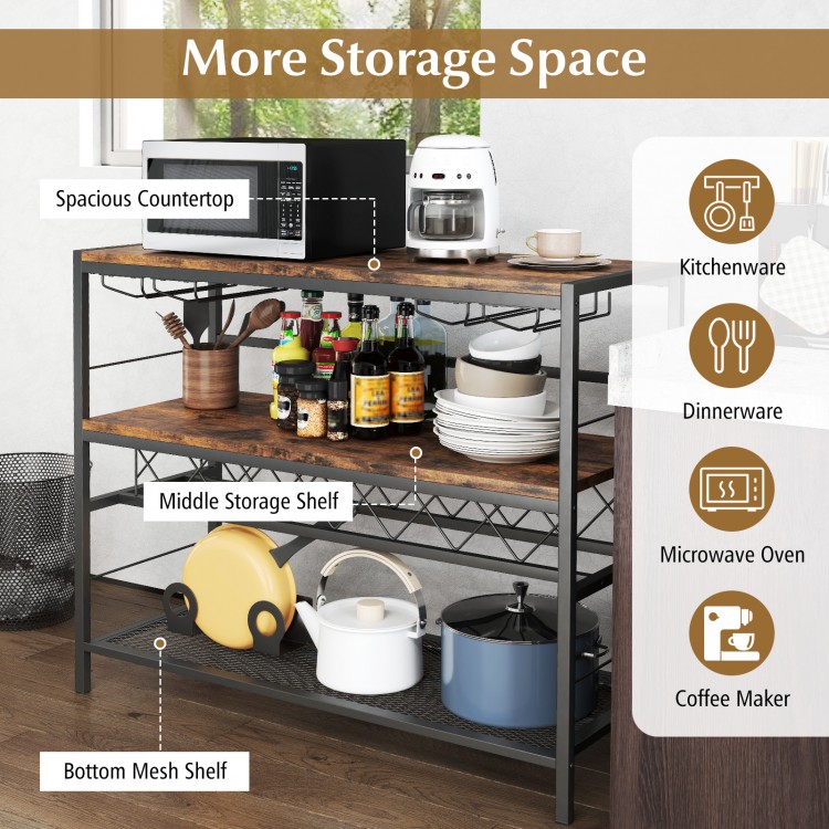 41-inch 4-tier bar table in rustic brown with wine rack, glass holders, and three storage shelves for kitchen use.