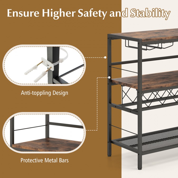 41-inch 4-tier bar table in rustic brown featuring an anti-toppling design, wine rack, and glass holders for kitchen.