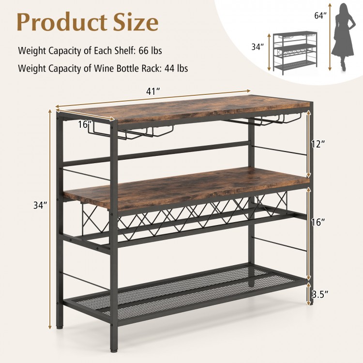 Dimensions of the 41-inch rustic brown 4-tier bar table showcasing shelf heights and wine rack details for easy.