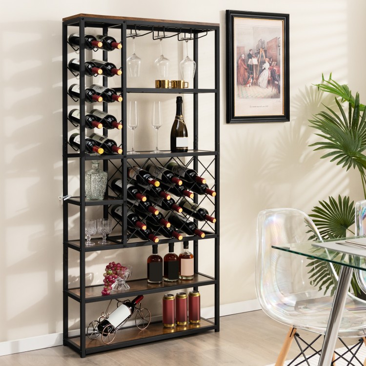 Industrial floor wine rack with 10-bottle and 17-bottle storage, featuring 3 rows for stemware, ideal for home bar.