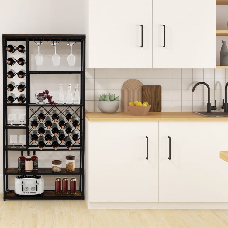 Industrial floor wine rack featuring 3 rows for stemware, 10-bottle and 17-bottle capacity, perfect for kitchen.