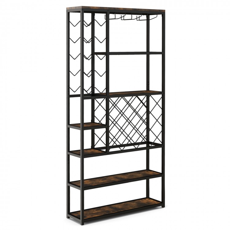 Industrial floor wine rack featuring 3 rows for stemware and 6-tier shelves for wine and kitchen storage.