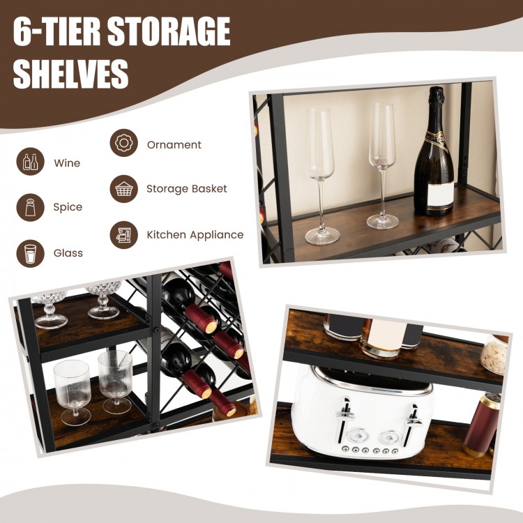 6-tier industrial floor wine rack with 10-bottle and 17-bottle storage, perfect for organizing wine and glassware.